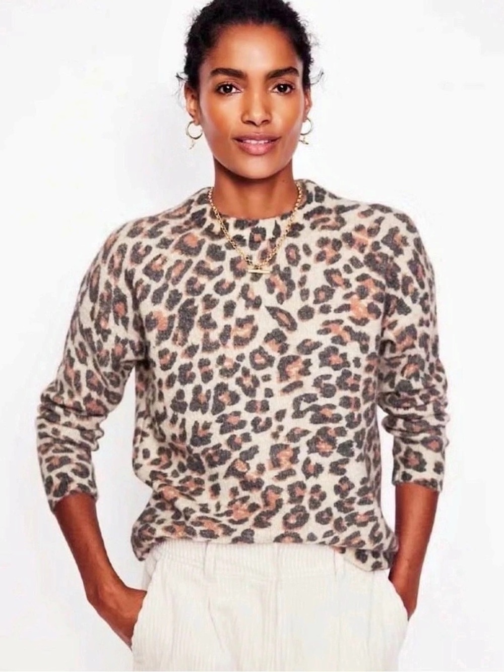 Boden Leopard Print Fluffy Crew Neck Sweater in Cream & Brown